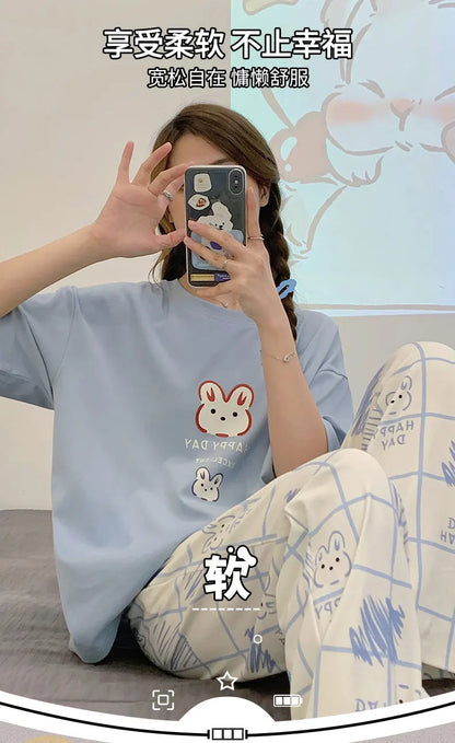 New Pajama Cartoon Cotton Pajamas for Women Summer Short Sleeved Long Pants Sleepwear Korean Fashion Rabbit Print Home Clothing