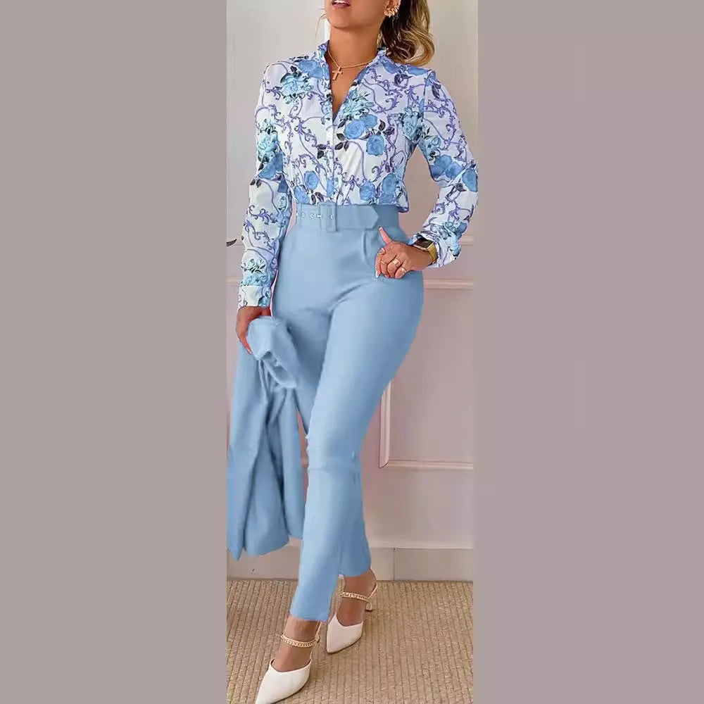 Elegant Women Printed Two Piece Suit Sets Spring Autumn V Neck Long Sleeve Shirt Top & Long Pants Set With Belt Workwear Outfits