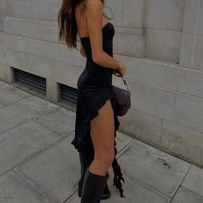 Women Strapless Sexy Floral Fold Hemline High Slit Mini Dress 2025 Solid Backless Sleeveless Black And Pink Party Dress Vestidos