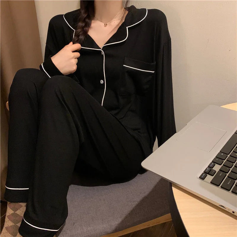 Korean Style Cute Pajama Woman Winter Autumn Sleepwear Lady Long Sleeve Tops Pants 2Piece Pajamas Solid Lingerie's Sets Nightwear