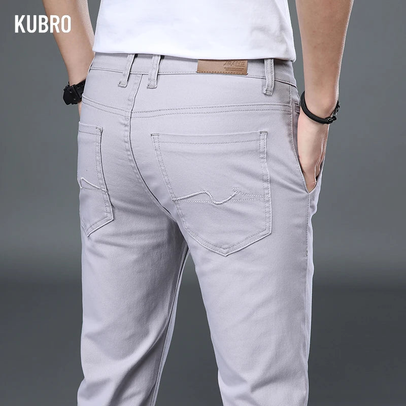 KUBRO Korean Style Cotton Soft Elastic Slim Straight Trousers Summer Thin Office Fashion Versatile Men's Business Casual Pants