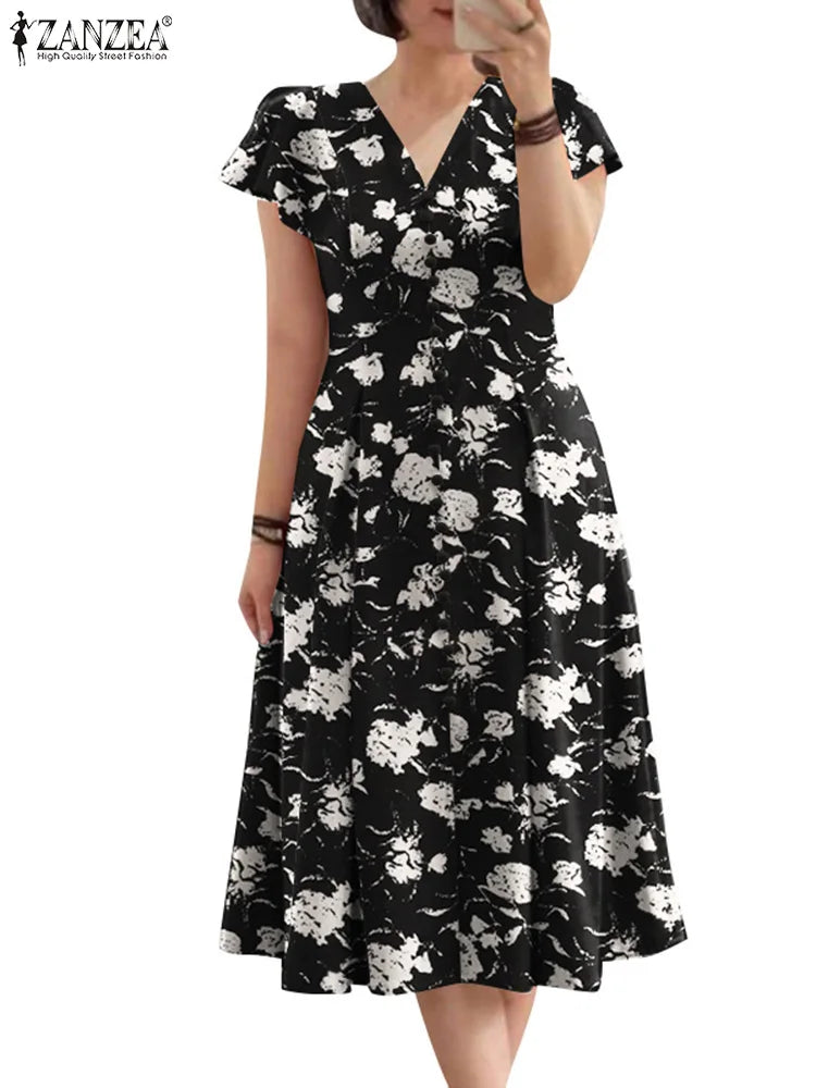 ZANZEA Fashion Floral Print Women Midi Dresses 2025 Summer Ruffle Sleeve V Neck A-line Vestido Casual Cinch Waist Party Sundress