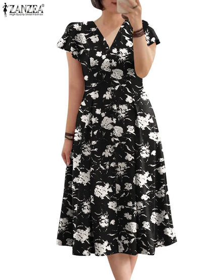 ZANZEA Fashion Floral Print Women Midi Dresses 2025 Summer Ruffle Sleeve V Neck A-line Vestido Casual Cinch Waist Party Sundress