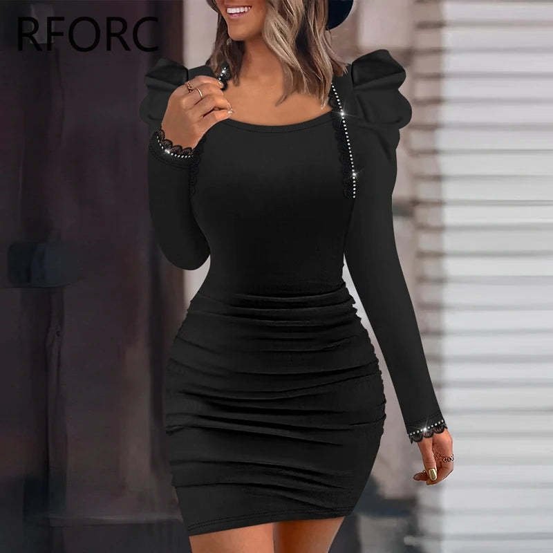2025 Women Solid Long Puff Sleeves Rhinestone Decoration Folds Mini Bodycon Party Black Dress