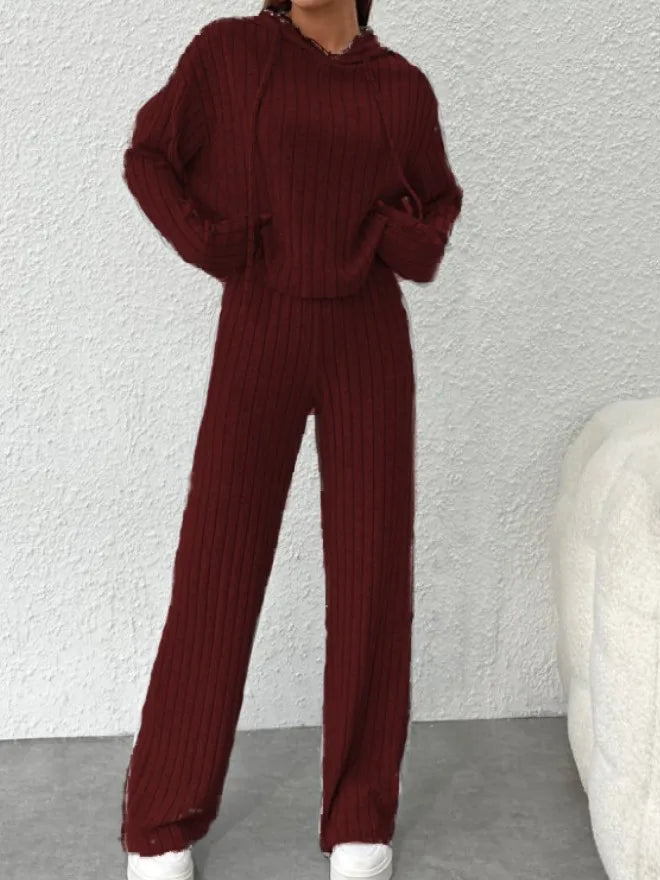 Spring Autumn Women's New Solid Color Casual Knitted Striped Hooded Sweatshirt Loose Long Sleeved Long Pants Two-piece Set