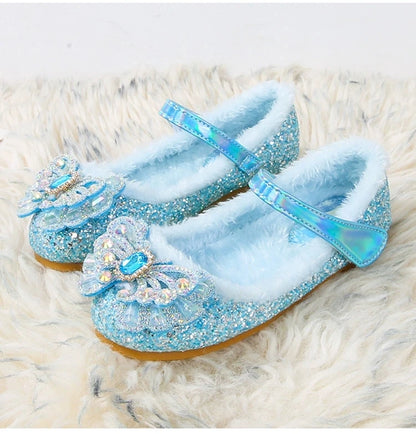 Disney Autumn Fashion Pearl Bow Rhinestone Frozen Elsa Princess Girl Shoes Flat Kids Princess Warm Winter Shoes Size 23-36