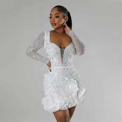 2025 New Women Mesh Sleeve Bodycon Sexy Diamonds Birthday Party Dress Tiered Ruffles Rhinestone Pearls Party Night Dress Pink