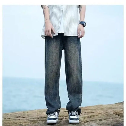 New Retro Washed Large Medium High Waist Men's Straight Blue Men's Trendy Denim Long Pants Men's Clothing Pantalon Homme Jean
