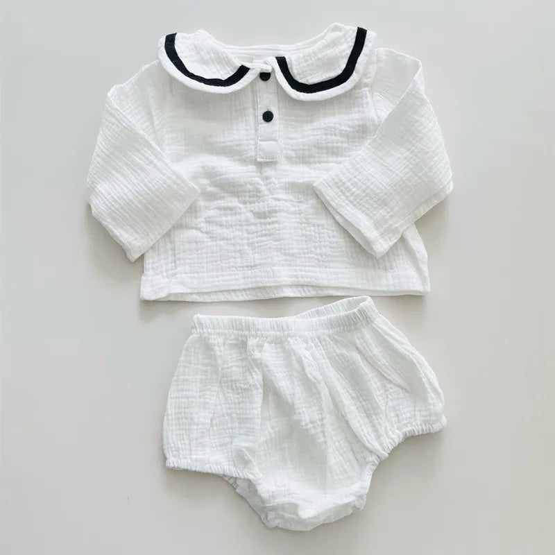 Baby Boy Girl Clothes Set Muslin Spring 0-5Y Baby Organic Cotton Lapel Navy Style Long Sleeve Tops + Shorts Newborn Baby Sets