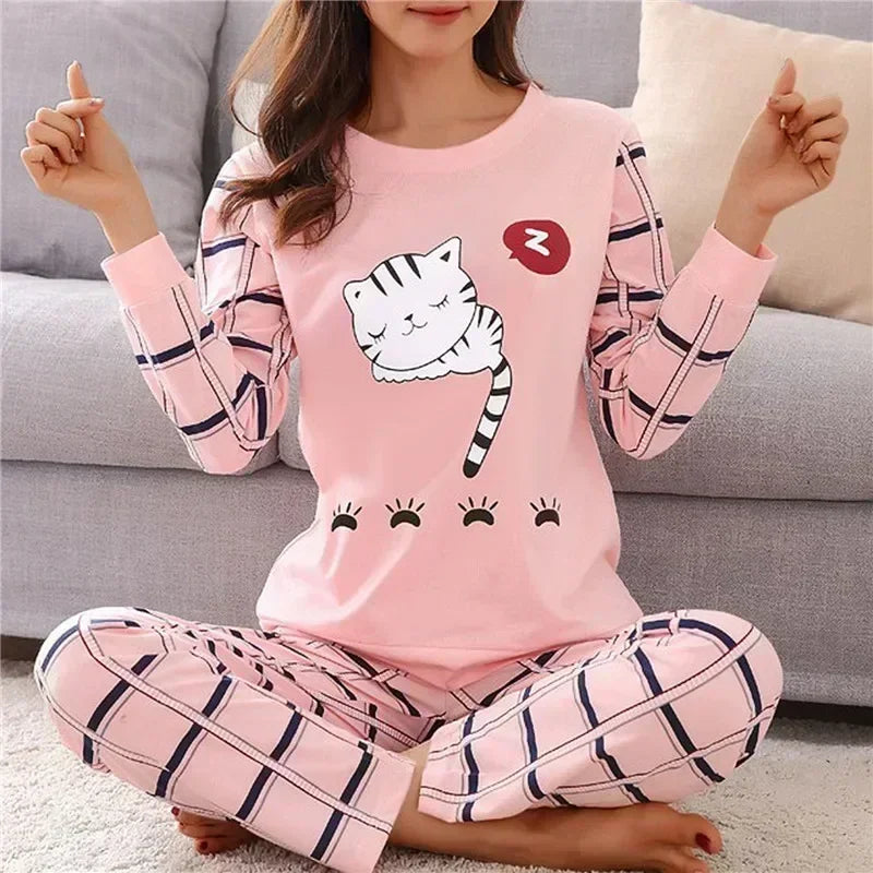 Cartoon Cotton Pajamas Women's Spring and Autumn Models Long-sleeved Home Service Women's Simple Loose Casual Suit Large Size
