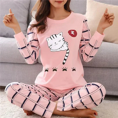 Cartoon Cotton Pajamas Women's Spring and Autumn Models Long-sleeved Home Service Women's Simple Loose Casual Suit Large Size