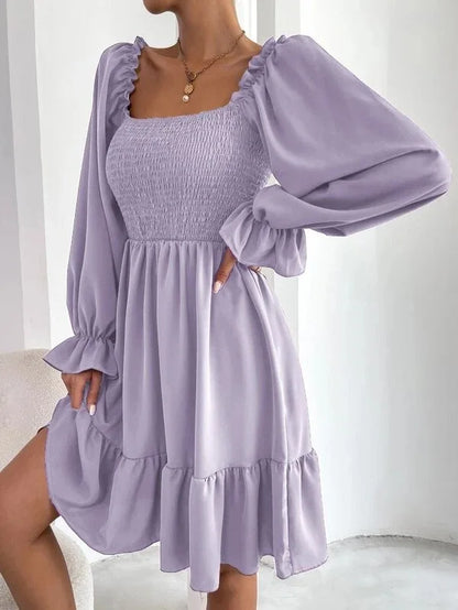Women's Dress Simple Square Neck Solid Color Long Sleeve Dress Parallel Crepe Seam Body Bell Sleeves Ruffle Hem Dress Women