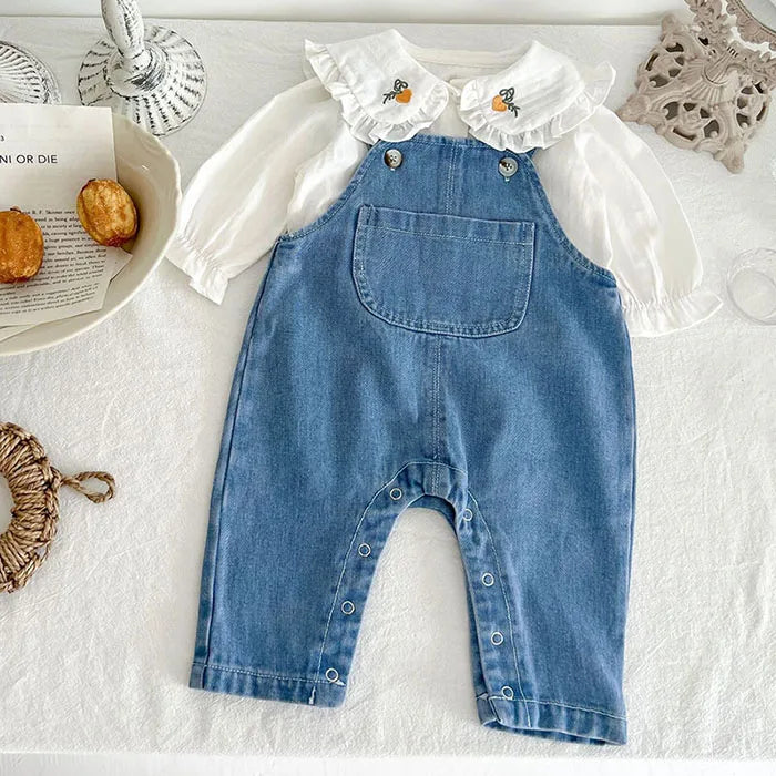 Children Clothes Suit Infant Baby Girls Clothing Set Long Sleeve Embroidered Shirt+ Denim Jumpsuit Autumn Spring Clothes Suit