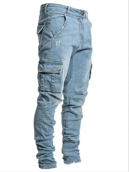 Jeans Men Pants Wash Solid Color Multi Pockets Denim Mid Waist Cargo Jeans Plus Size Fashion Casual Trousers Male Daily Wear