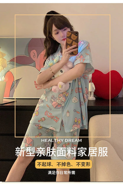 Plus Size Ins Cartoon Pajamas Set Korean Student Summer Internet Celebrity Girl Short Sleeve Shorts Thin Loose Home wear