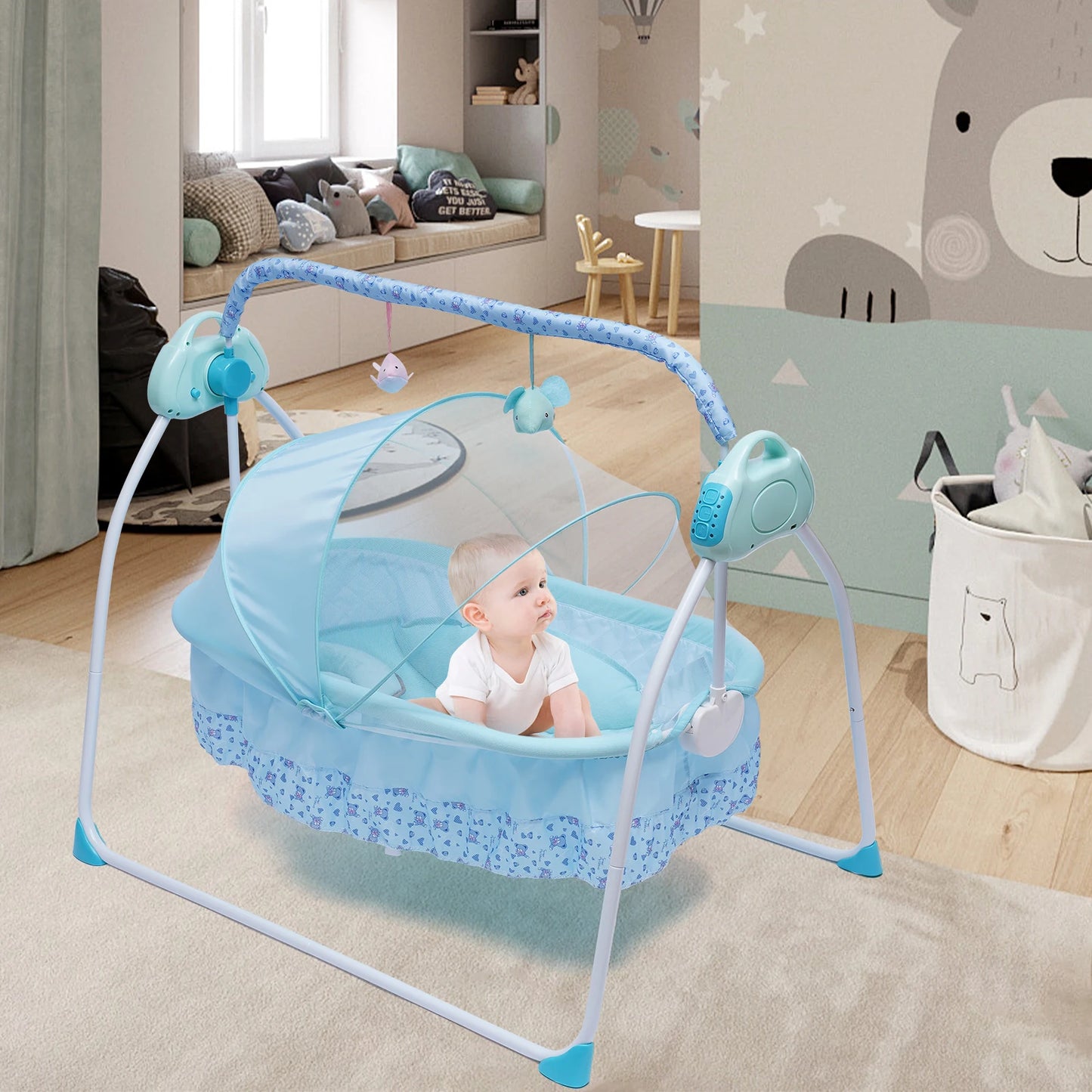 5 Gears Electric Auto-Swing Baby Crib Cradle Sleep Bed Infant Rocker + Net Music Bluetooth Music Adjustable+ Mat