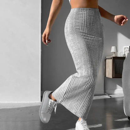 Solid Bodycon Ruched Knitted Long Skirt Women Sexy Black Elastic Elegant High Waist Mermaid Sheath Maxi Skirts Summer Streetwear