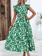 Elegant Women's Flower Midi Dress New Summer Fashion Stand Collar Flying Sleeve Lace Up Dress Casual Beach Holiday Dresses Robe