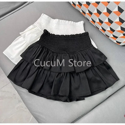 Sweet Cake Skirt Women's Ruffles Casual Simple Short Mini White Chiffon Skirt Black Korean New 2025 Puffy Ballet Style Skirts