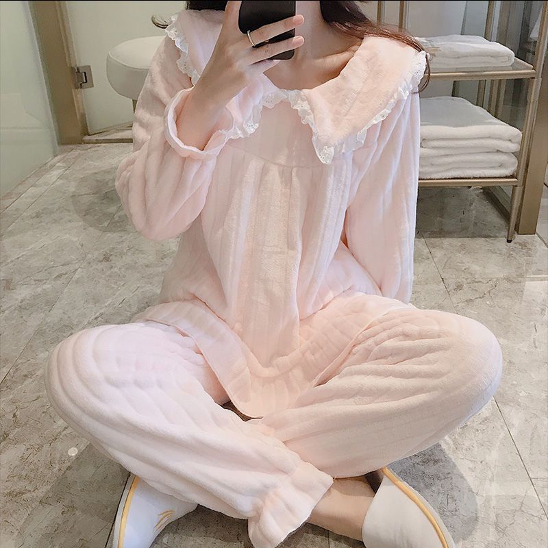 Square Collar Women Pajamas Set Winter Sleepwear Fleece Velvet 2 Piece Pant Home Suit Fluffy Korean Solid Pajama Warm Night Wear