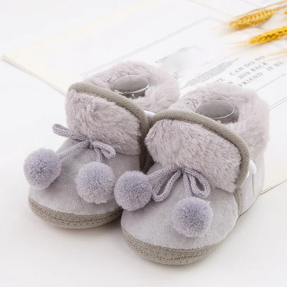 Winter Snow Baby Boots Faux Fur Warm Fluff Balls Indoor Cotton Soft Sole Infant Newborn Toddler Baby Shoes 0-18M