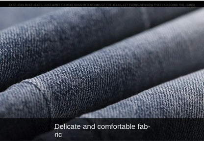 Korean Style Clothes Men's Denim Jeans with Elastic Waistband Drawstring for Washed Autumn Casual Stretch Jeans Male
