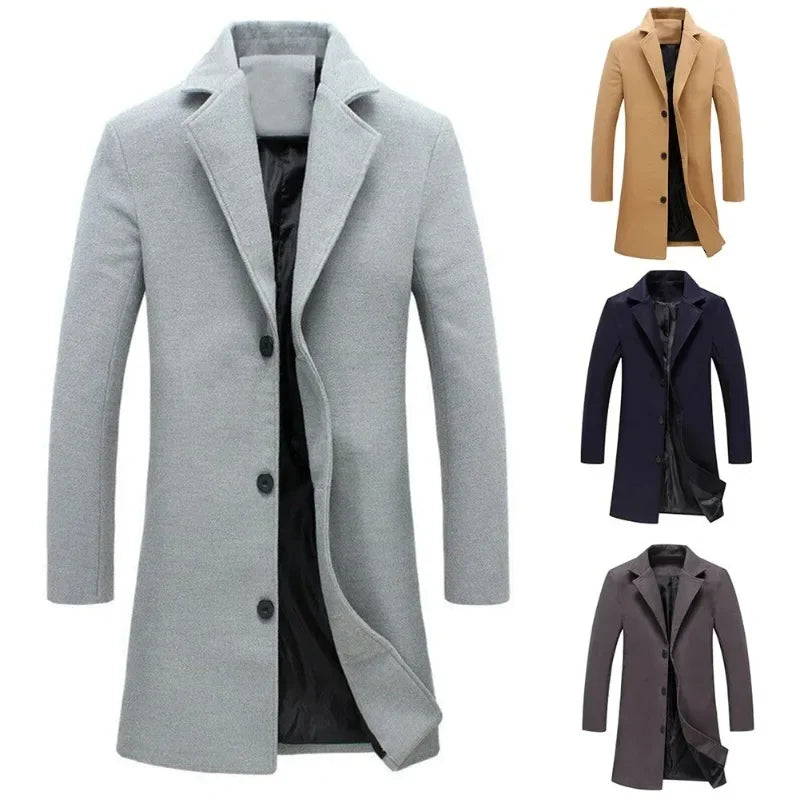 Autumn Winter Fashion Men's Woolen Coats Solid Color Single Breasted Lapel Long Coat Jacket Casual Overcoat Plus Size 9 Colors