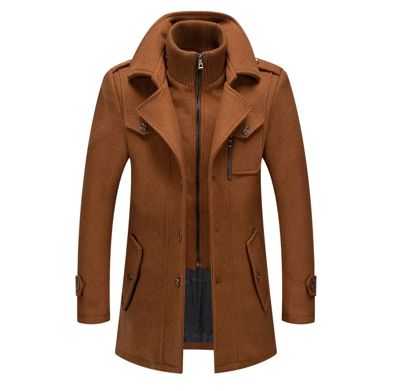 Autumn Winter Men's Woolen Coat Fashion Double Neck Coat Solid Color Long Sleeve Jacket