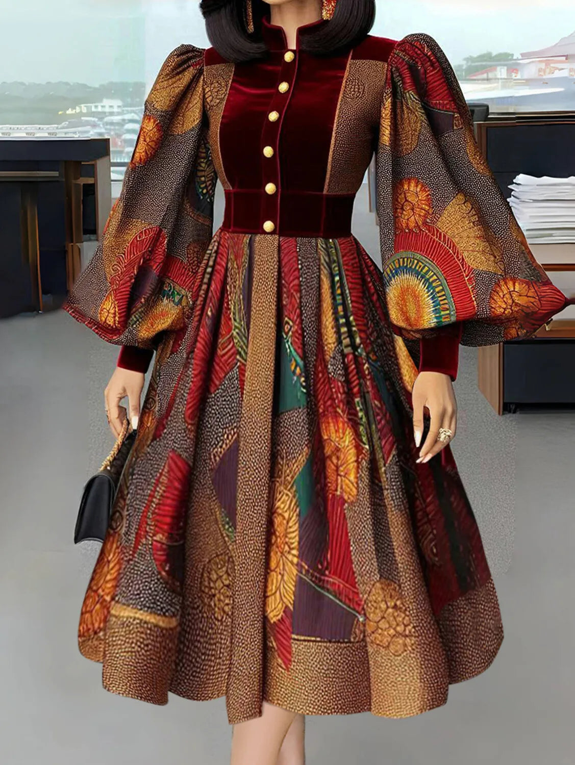 Elegant Women Dress Ethnic Print Patchwork Stand Collar Button Lantern Sleeve Velvet Waisted Evening Party Dresses Midi Dress