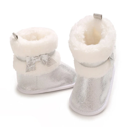 Suefunskry Newborn Baby Girl Winter Warm Plush Boots Shiny Flats with Cute Bows Casual Walking Shoes for Toddler Infant