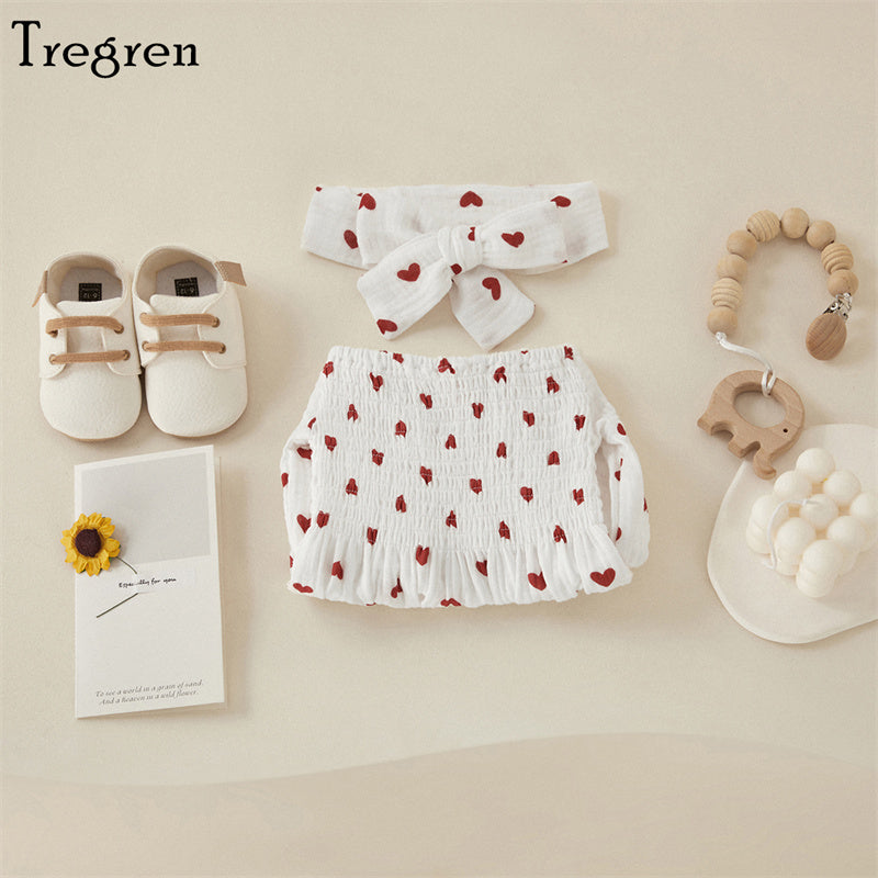 Tregren Infant Baby Girls Valentine's Day Romper Heart Print Long Sleeve Boat Neck Jumpsuits Spring Fall Bodysuits with Headband