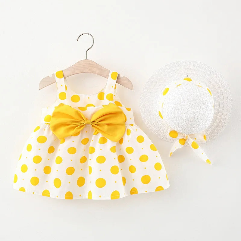 New In Summer Baby Girl Clothes Korean Cute Bow Dot Sleeveless Cotton Princess Dress+ Sunhat Toddler Dresses Sets BC007-1