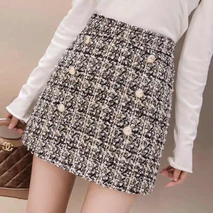 Tweed Skirts for Women Solid High Waist Slimming Skirts Autumn Spring 2025 Buttons Double Breasted Tweed Wool Mini Skirt