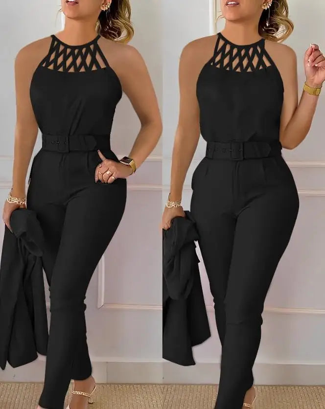 Two Piece Set Women Outfit 2025 Summer Fashion Hollow Out Round Neck Sleeveless Tank Top & Casual Pocket Daily Pants Set