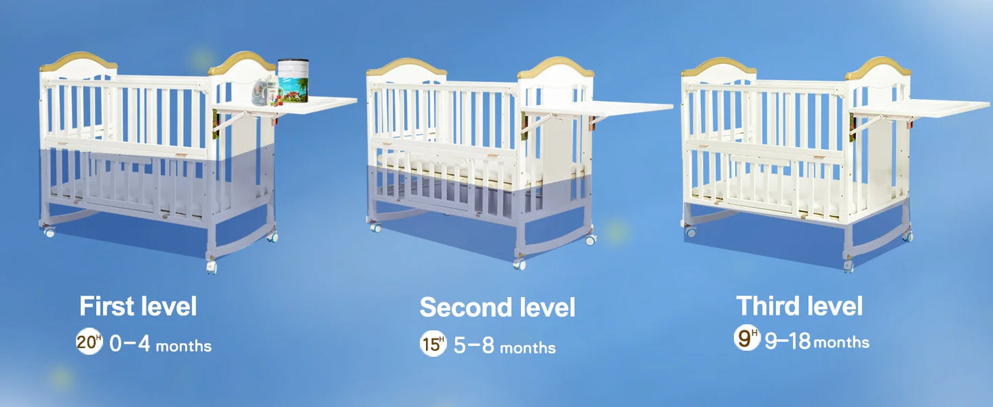 Portable Mini Baby Crib, 4-in-1 Modern Design with Foldable Storage Shelf & Mattress Included, Small Wood Convertible Crib,