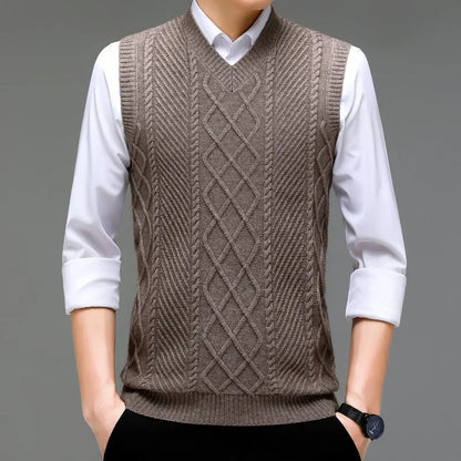 Stylish V-neck Jacquard Knit Sleeveless Sweater Vest for Men Middle-aged Men Fashion Solid Color Warm Top
