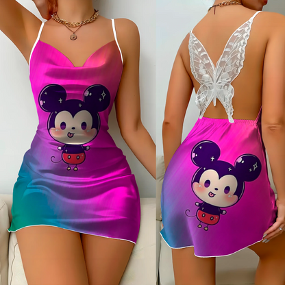 Mini Dress Pajama Skirt Bow Knot Party Dresses Satin Surface Minnie Mouse Disney Mickey Women's Fashion Summer 2025 Elegant Women