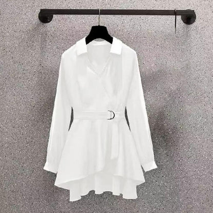 M-4XL Women's Shirt Lapel V Neck Long Sleeves Irregular Hem Plus Size Waist Tight Adjustable Belt Pullover Shirt Female Clothing