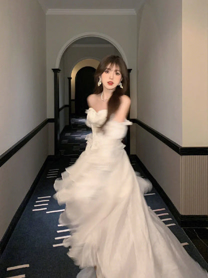Elegant Ruffles Chic Fairy Dress Women White Sweet Korean Style Princess Dress Female 2025 Summer Slash Neck Casual Party Dress
