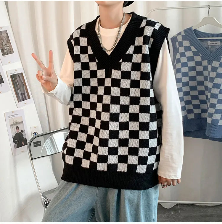 Men Knitted V Neck Japanese Vintage Loose Sleeveless Plaid Vests Chic Pullovers Chaleco Hombre Blue Checkerboard Sweater Vest