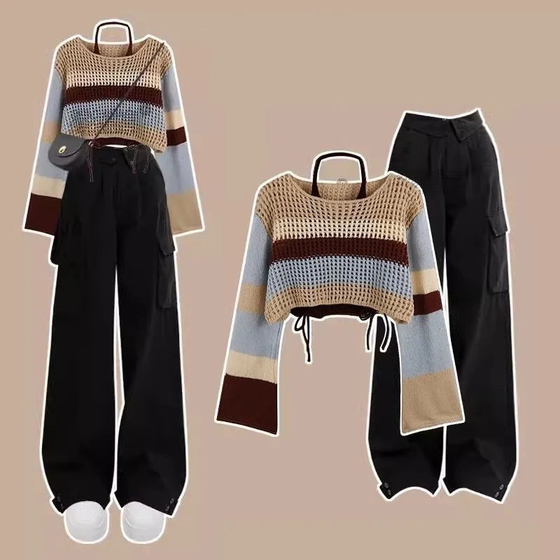 Women's Spring Vintage Hollow Stripe Long Sleeved Knitwear+ Strap+ Cargo Pants Suit Korean Elegant Sweater Trousers Matching Set