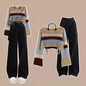 Women's Spring Vintage Hollow Stripe Long Sleeved Knitwear+ Strap+ Cargo Pants Suit Korean Elegant Sweater Trousers Matching Set