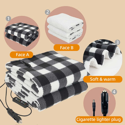 Heated Car Blanket 12-Volt Electric Blanket for Car, Truck, SUV, RV, Portable Heated Throw for Camping Red Black White Plaid