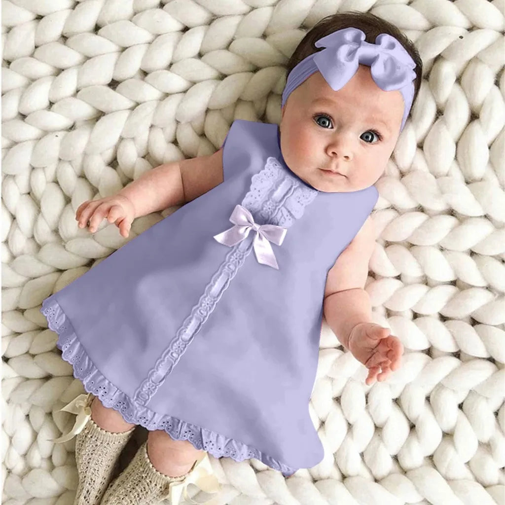 New Maxi Bow Dress+ headband Set Newborn Baby Girl Sleeveless Outfit Bowknot Ruffle Red Clothes Baby Summer Dresses For Girls