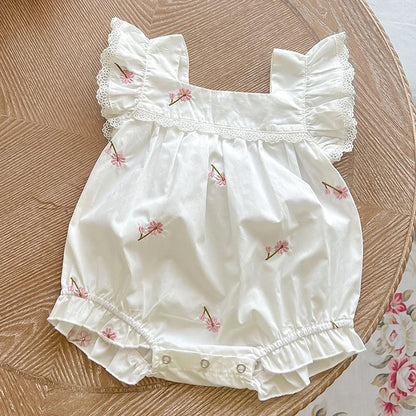 Newborn Baby Girls Jumpsuit Flying Sleeve Cotton Flower Embroidery Toddler Baby Girl Bodysuits Baby Girls Clothes For Summer