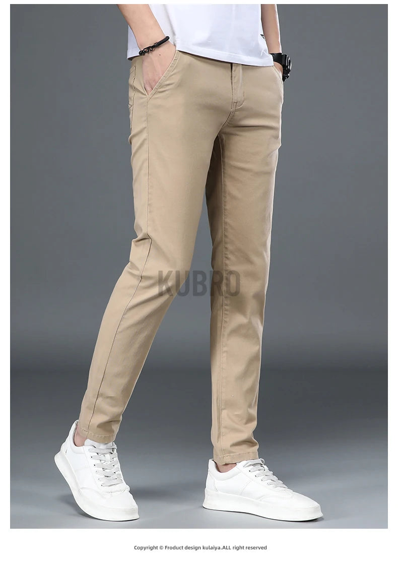 KUBRO Korean Style Cotton Soft Elastic Slim Straight Trousers Summer Thin Office Fashion Versatile Men's Business Casual Pants