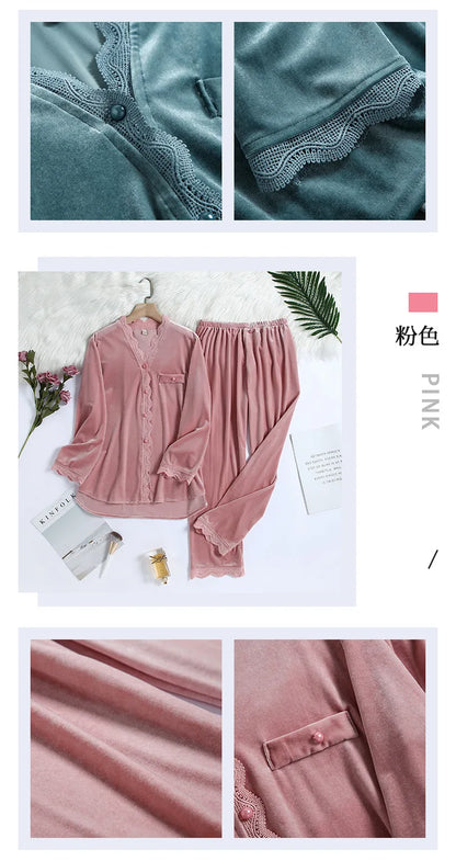 2PCS Velvet Pajamas Set For Women Winter Warm Pajama Sexy Female Valor V-neck Lace Home wear Autumn New Long Pant Pijamas Suit