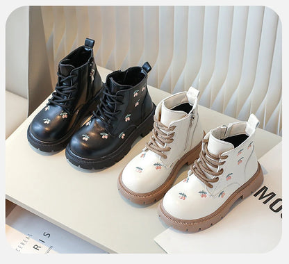 Girl's Ankle Boot Sweet Fashion Embroider Children Spring Autumn Leather Boots Causal Versatile Kid Princess Shorts Single Boots