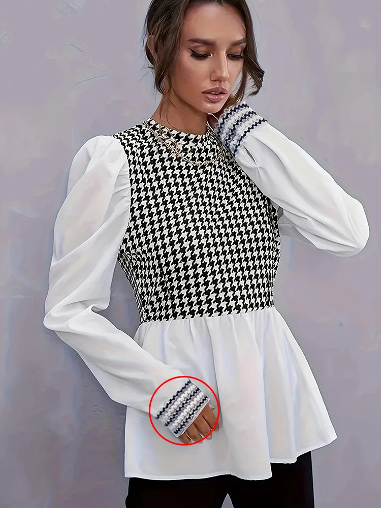 Women Elegant Houndstooth Shirt Fashion Ruffle Stitching Fluffy Long Sleeve Top Casual Chic Ladies Blouse Office White Shirts