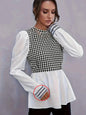 Women Elegant Houndstooth Shirt Fashion Ruffle Stitching Fluffy Long Sleeve Top Casual Chic Ladies Blouse Office White Shirts